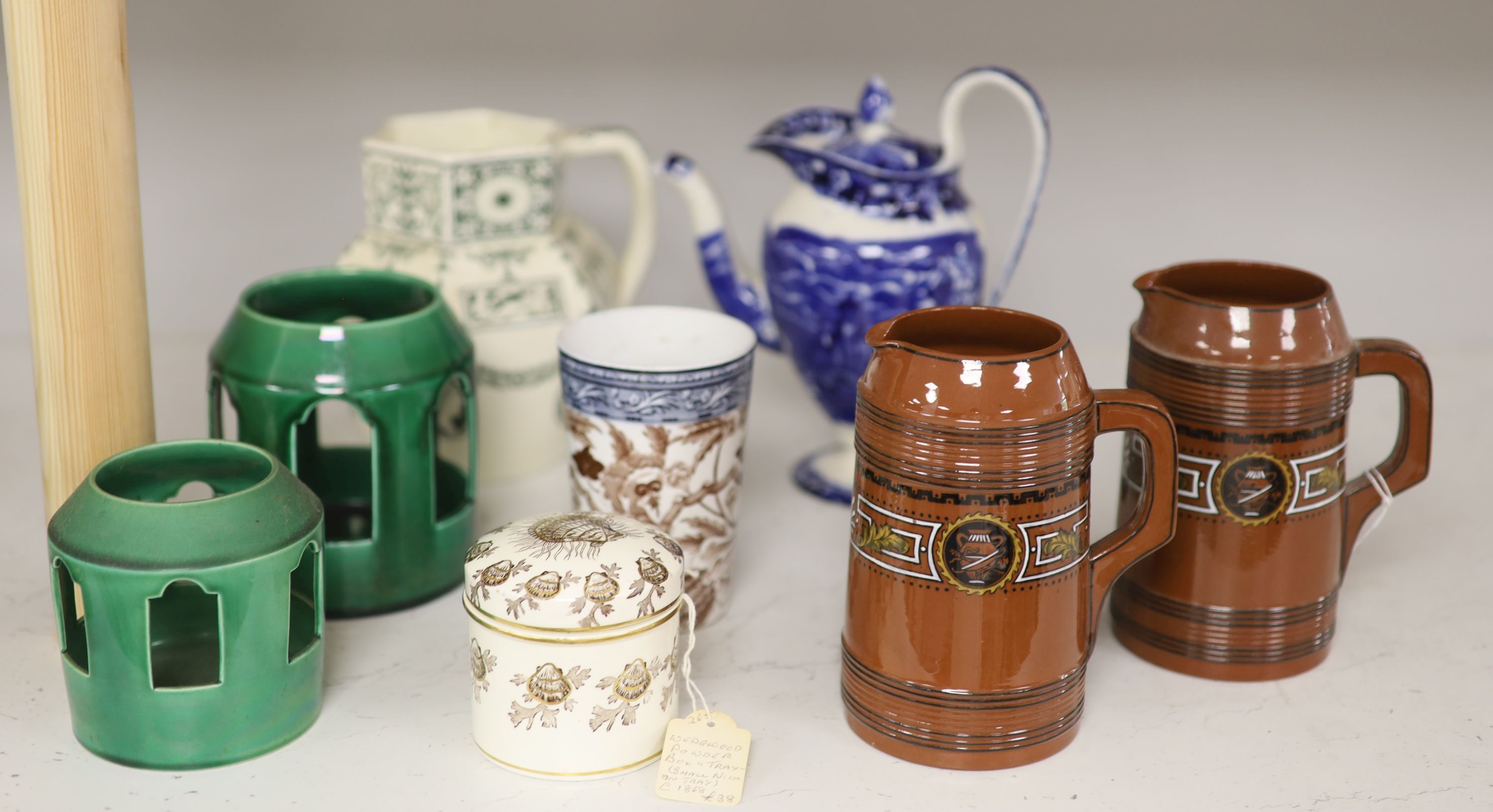 A group of 19th century Wedgwood transfer printed vessels and two Wedgwood greenware tealight holders